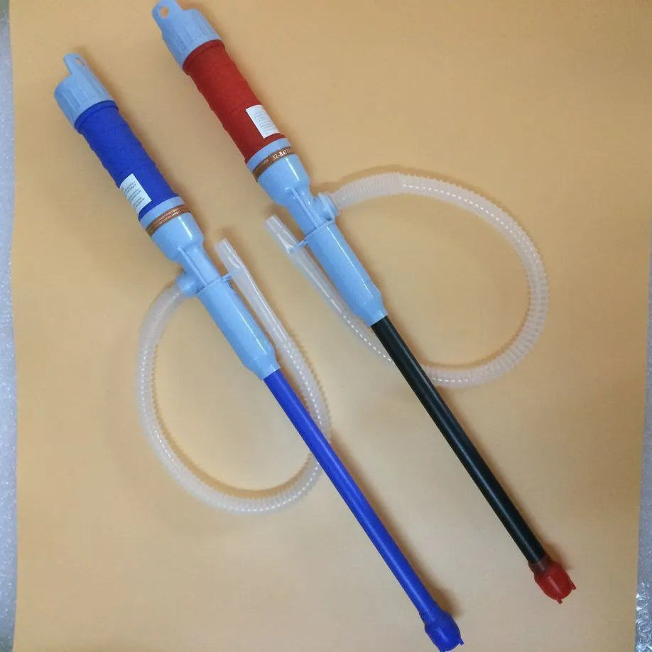 Blue manual hand siphon pump for transferring gasoline and oil.