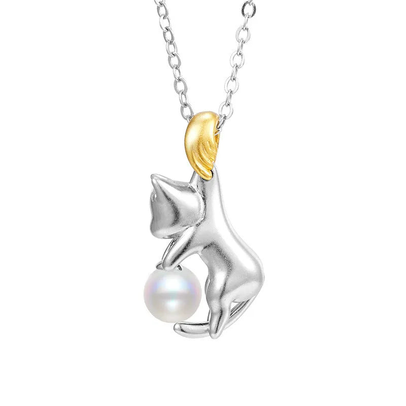 925 sterling silver clavicle chain necklace with cat charm pendant, electroplated finish