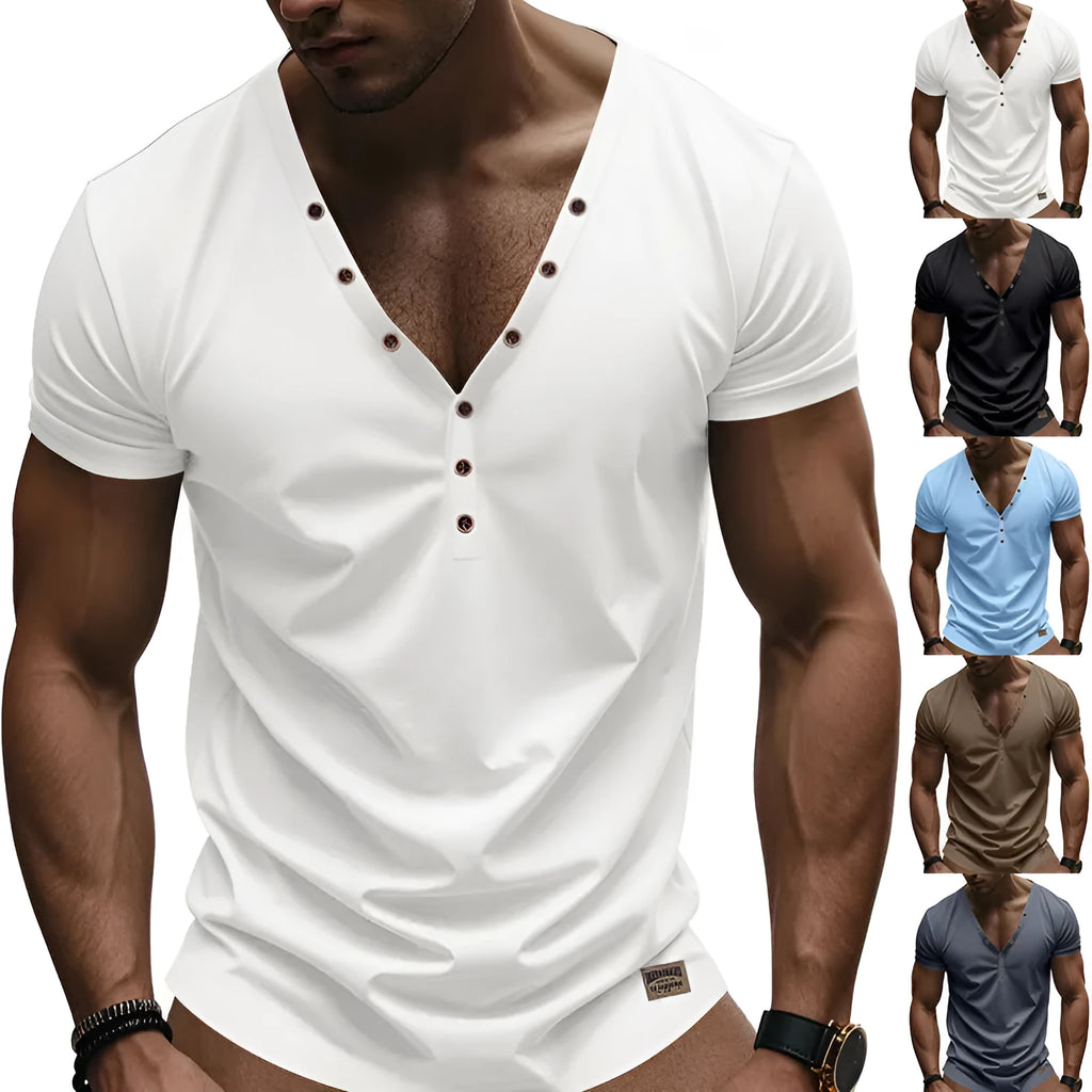 Men's loose fit V-neck pullover top with button design in chemical fibre blend fabric