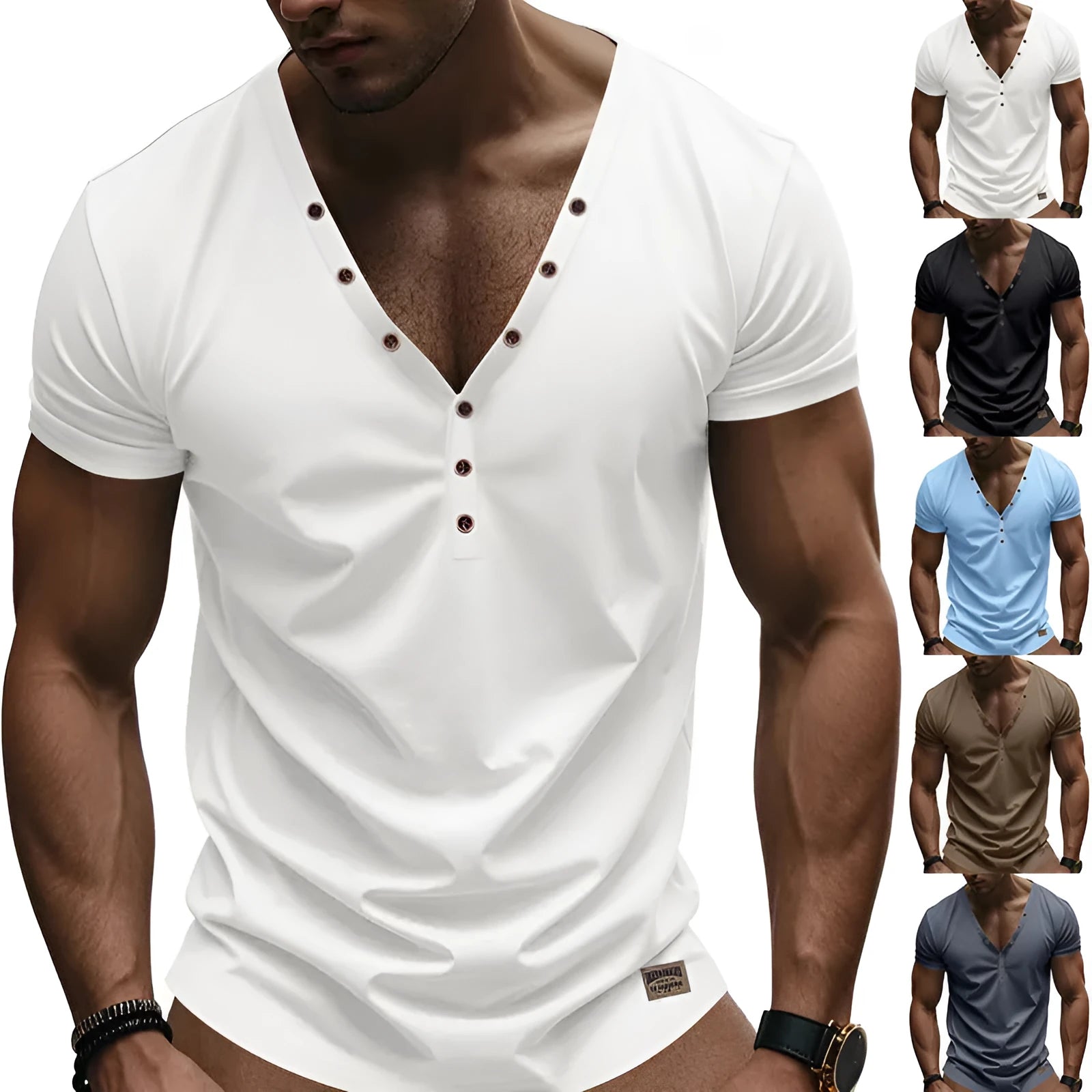 Men's loose fit V-neck pullover top with button design in chemical fibre blend fabric