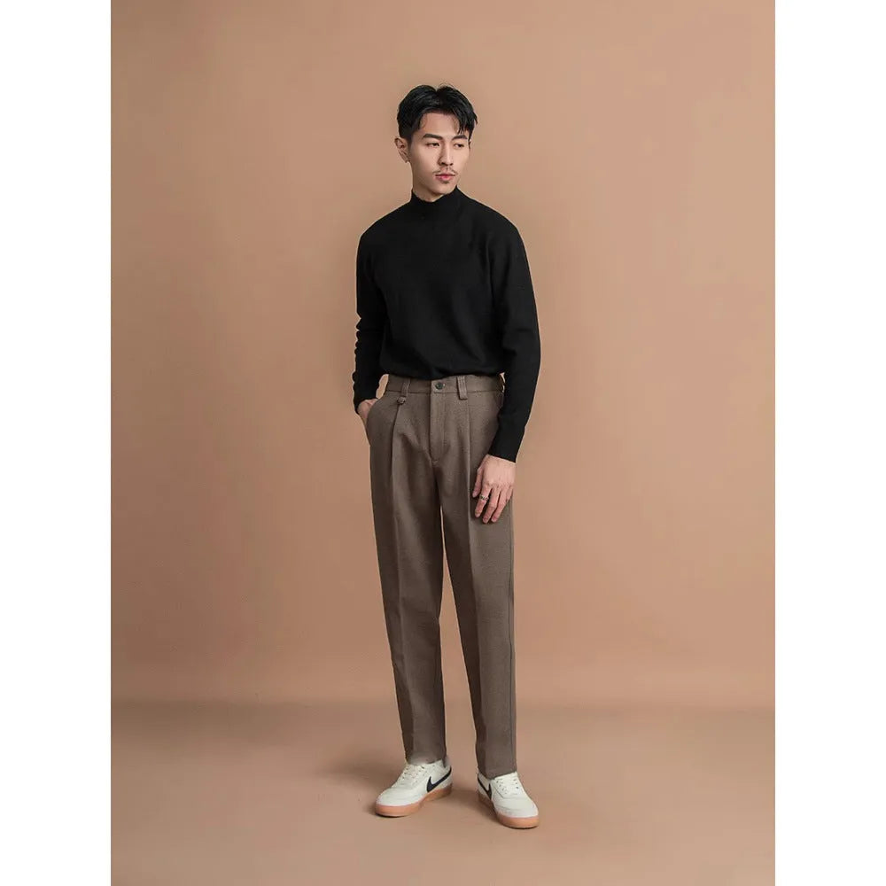 Men's straight leg polyester trousers in black, brown, dark grey and khaki colours