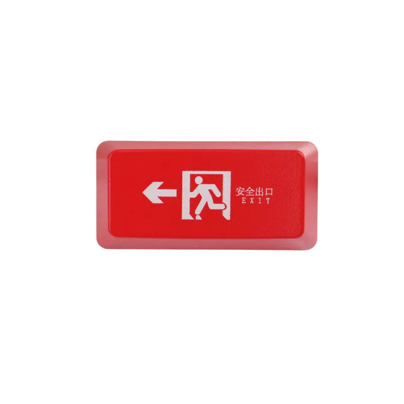 Red safety evacuation exit key cap on a keyboard, backspace style