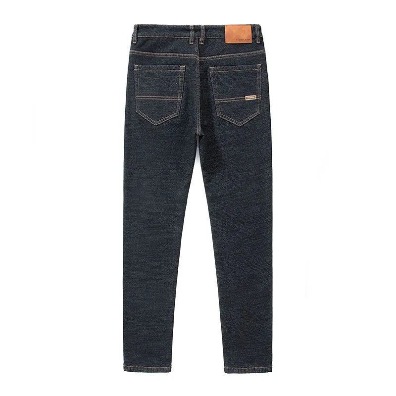 Men's loose straight fleece-lined jeans in black, mid-rise, zipper fly, winter wear