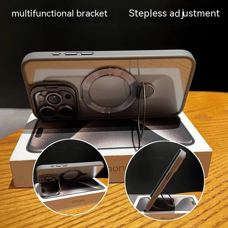 Black magnetic silicone phone case with lens cover bracket for Apple iPhone 15 Pro Max