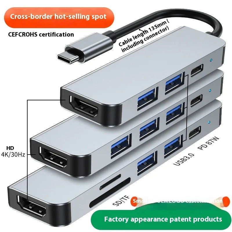 Portable 6-in-1 expansion dock with Type-C connector and compact 13.5cm cable length