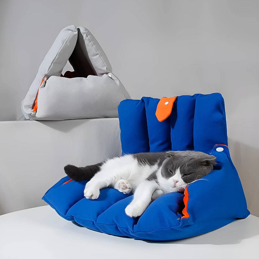 Triangular sofa cat nest in blue, 100% cotton, 45x38x38 cm, with drilled holes