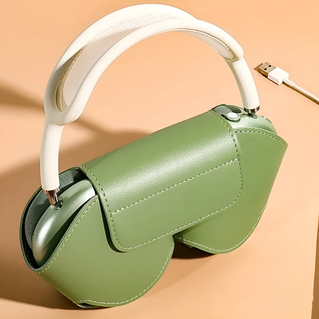 AirPods Max protective case in PU leather showing colour options: black, red, white, green, blue