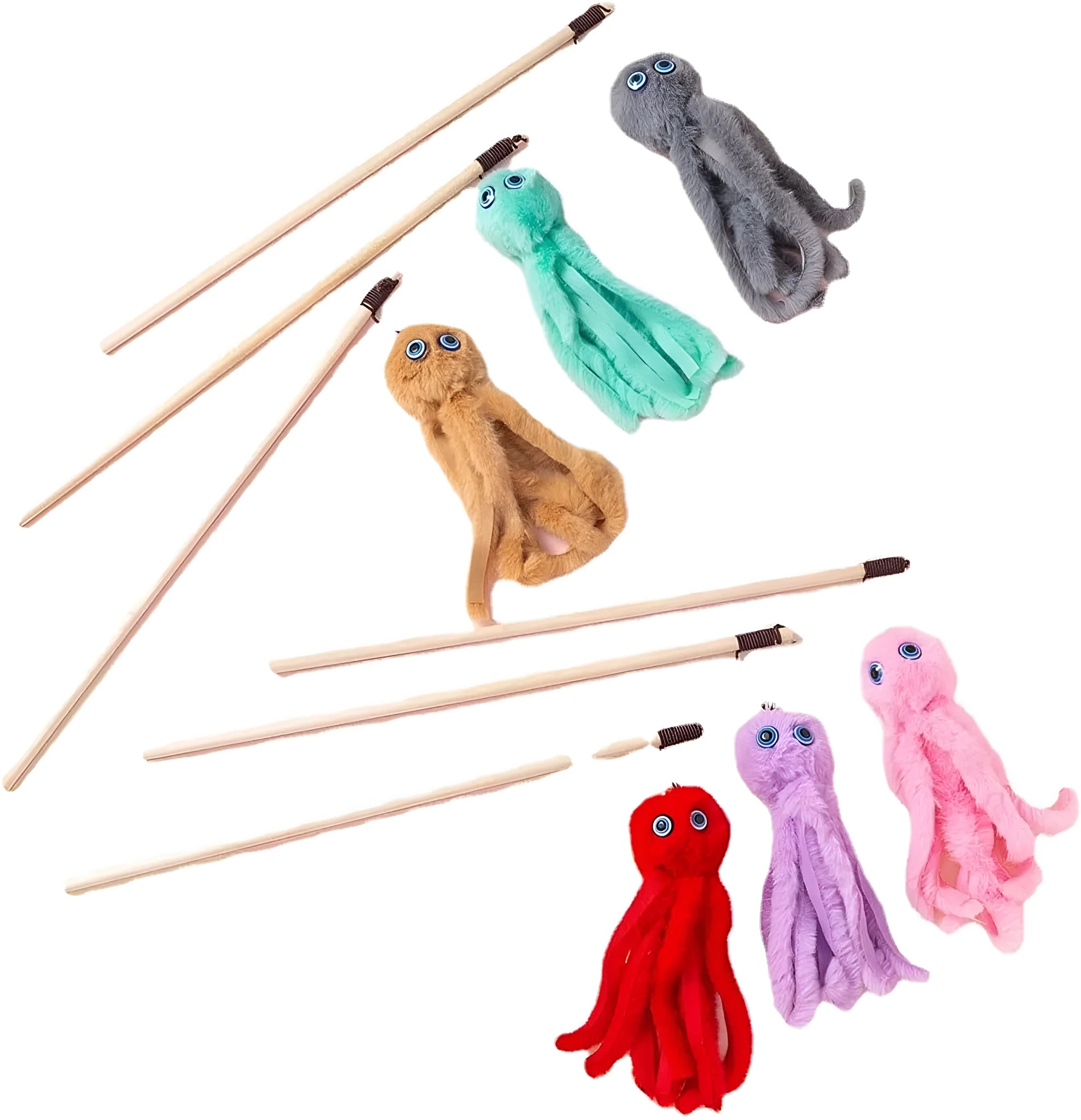 Furry octopus cat toy with eyes on 40cm flexible wand in choice of colours