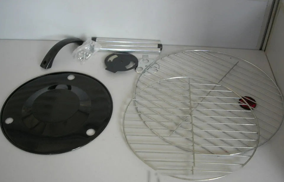 Spherical BBQ stove in black red with two baking nets and damper, expanded size 35.5x37cm