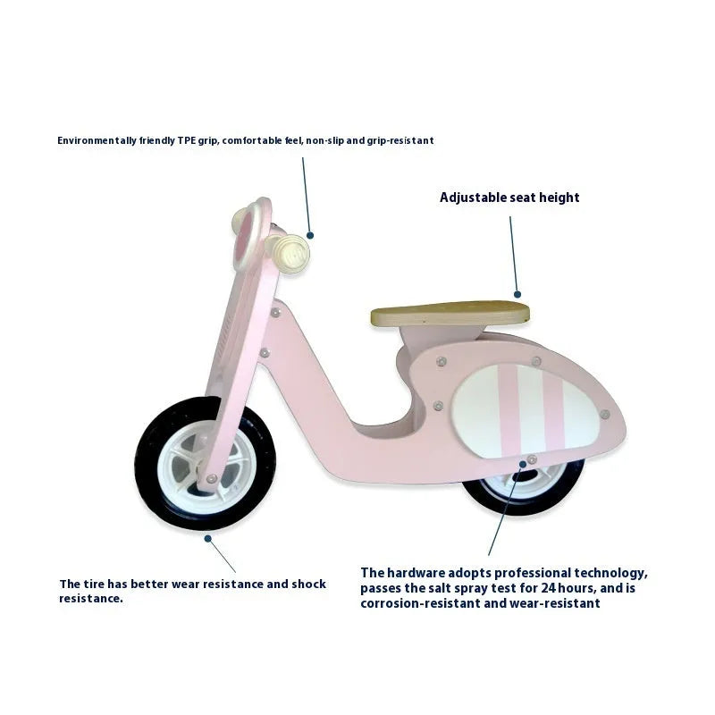 Pink wooden balance scooter for toddlers with 10-inch size for ages 1-6 years