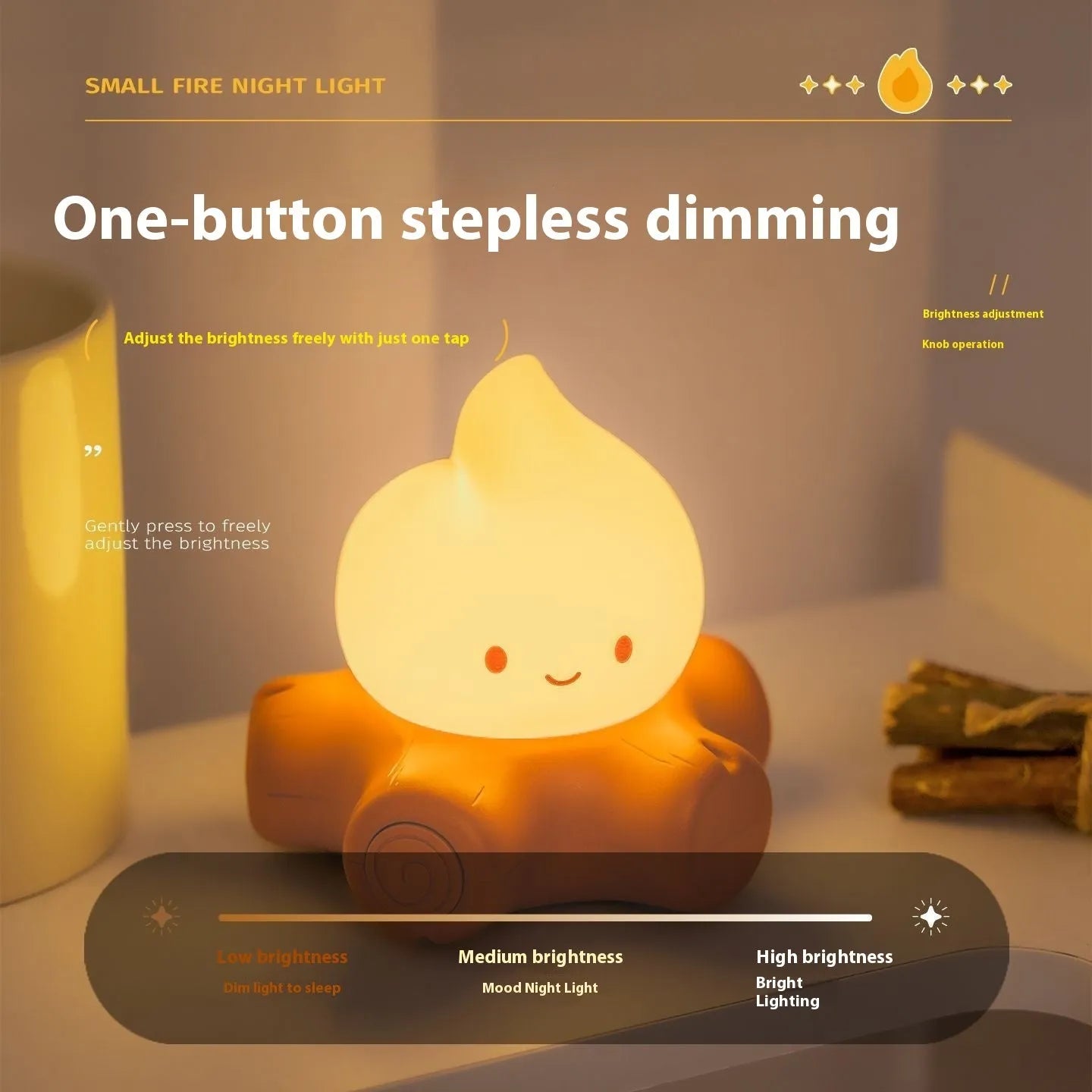 Silicone small fire pile cartoon night light with ABS shade showing yellow illumination