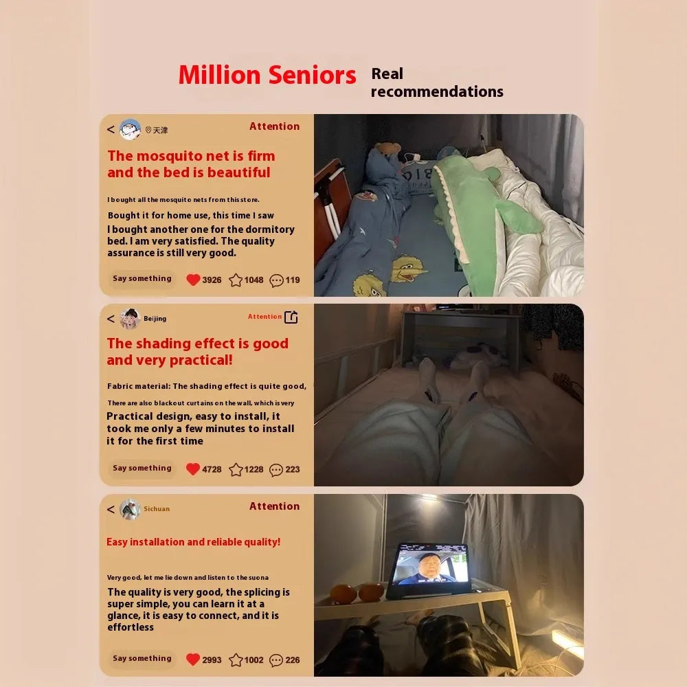 Grey integrated bed curtains with mosquito net showing five-side light blocking design for 0.9 metre beds