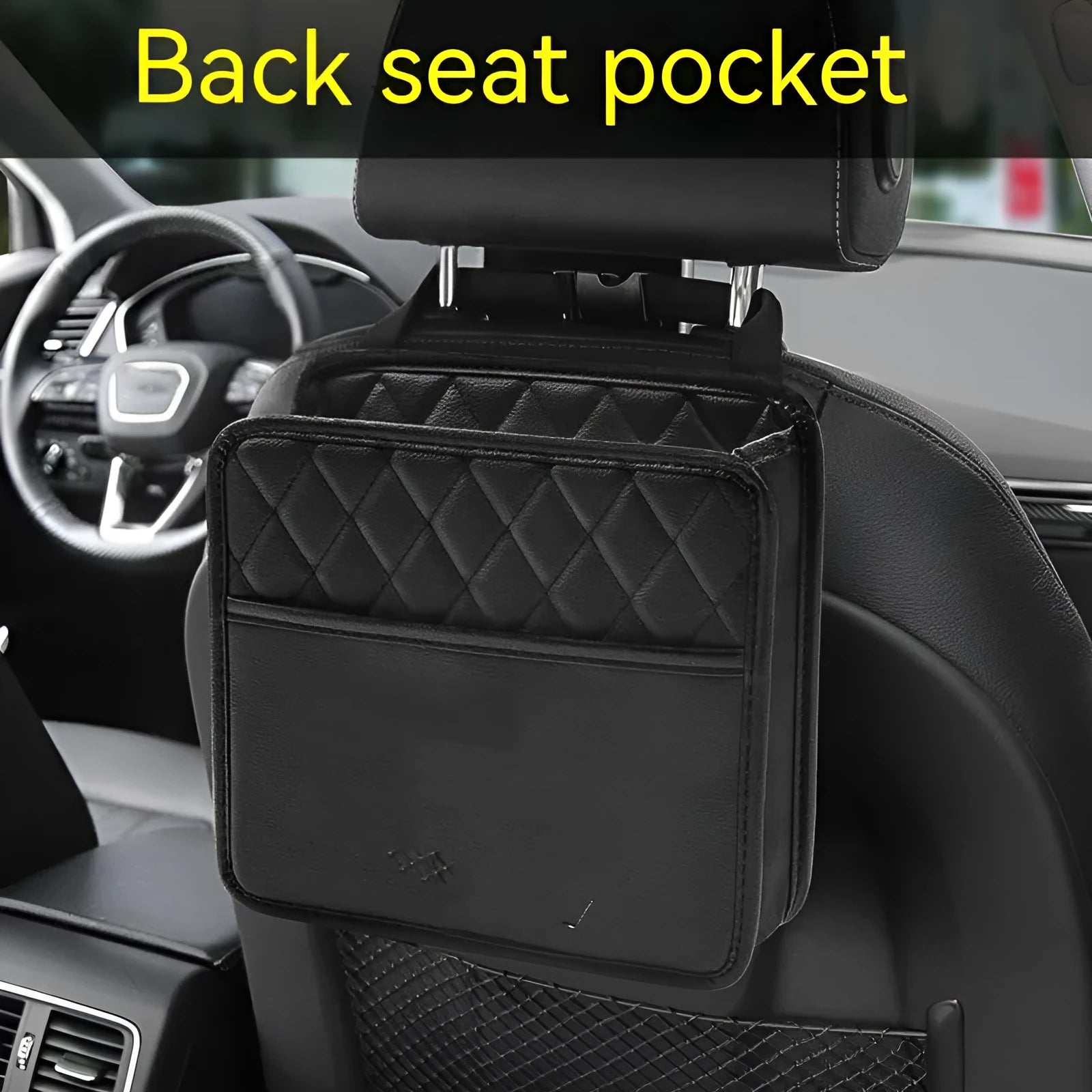 Leather car hanging storage bag measuring 25cm with black, pink, green, and white colour options