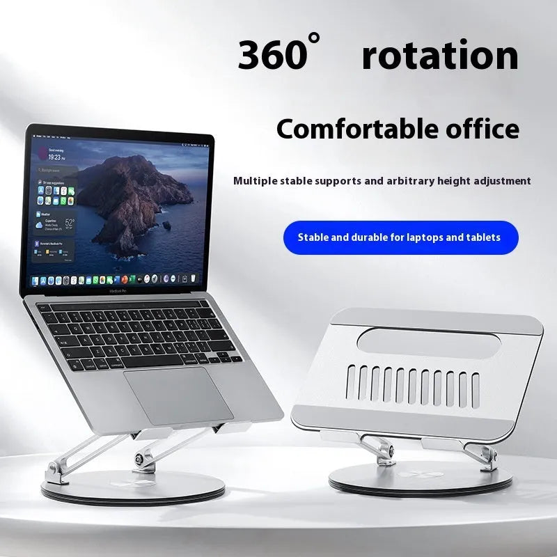 Silver aluminium laptop stand with height adjustment and rotation capability