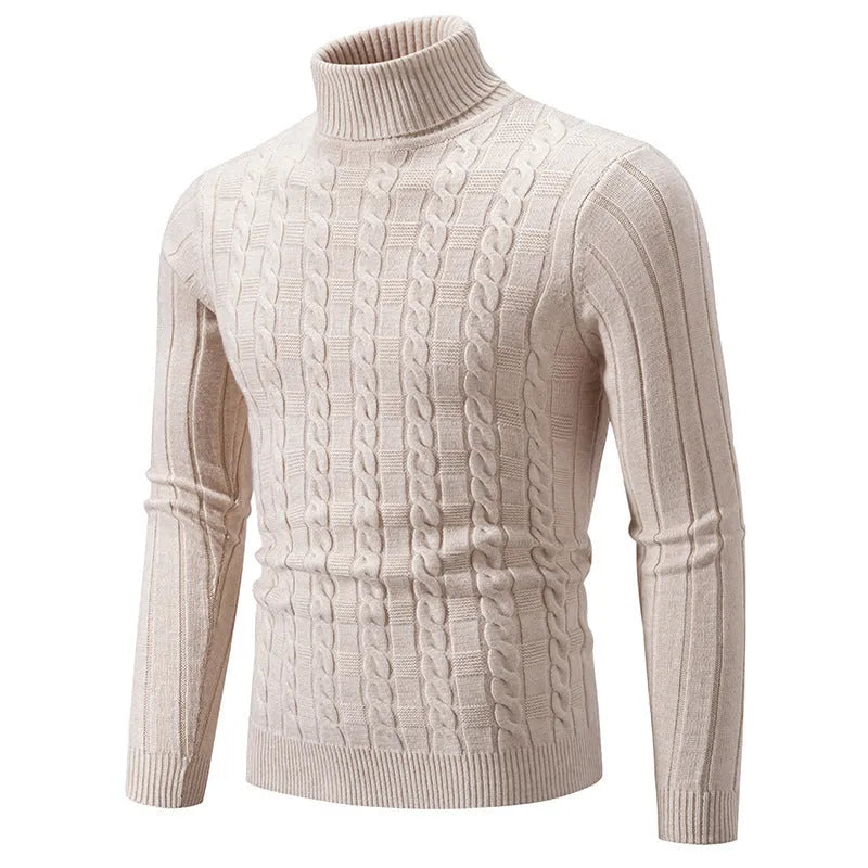 Men's slim fit turtleneck pullover jumper in spandex chenille fabric on a model.