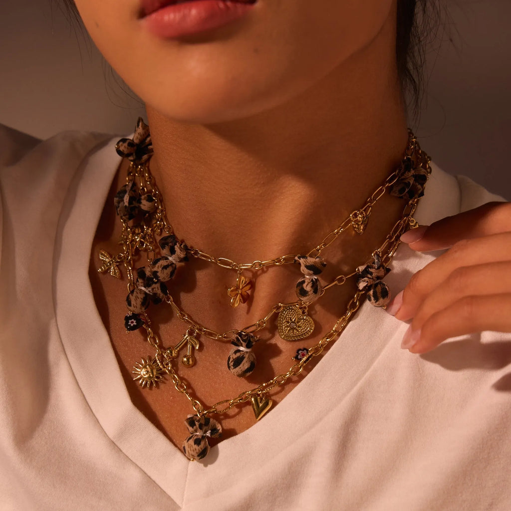 Stainless steel necklace with leopard, love hearts and flowers pendant on adjustable chain