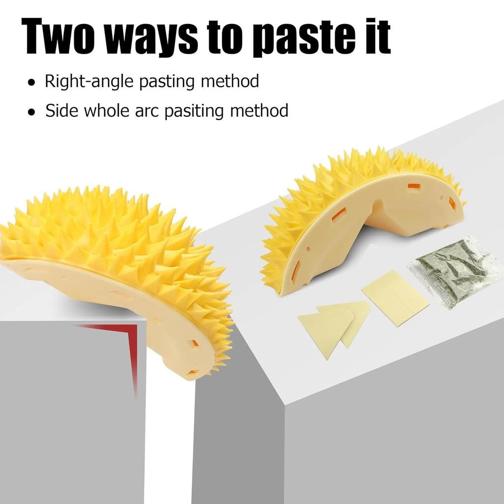 Yellow durian-shaped cat corner scratcher mounted on a wall with adhesive, includes catnip powder.