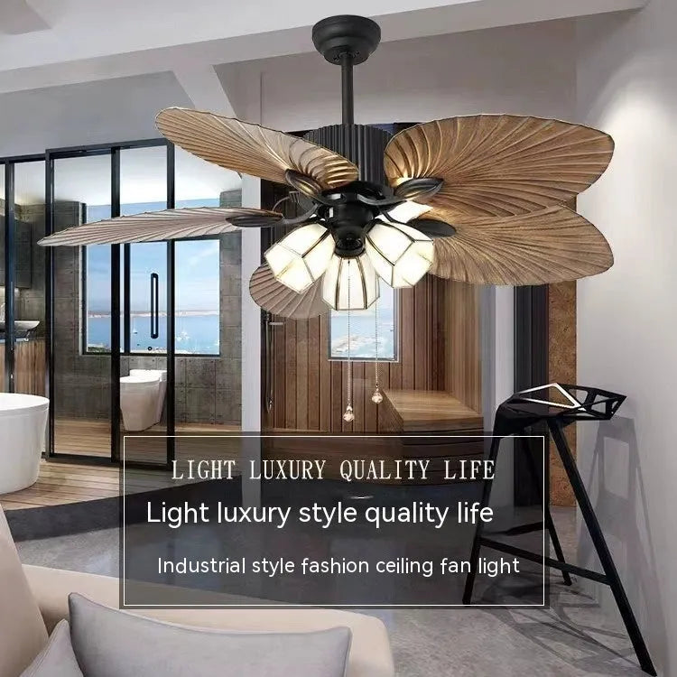Retro-style ceiling fan light with wooden blades and five copper lampshades