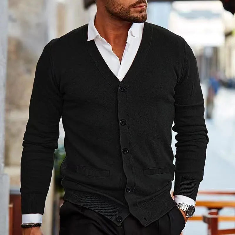 Men's slim fit acrylic cardigan sweater in beige colour on a hanger