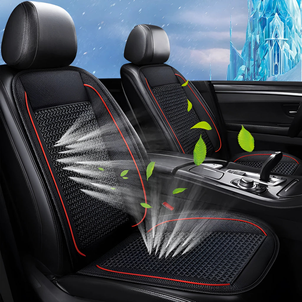 Square black car ventilation seat cushion with power cord on a car seat