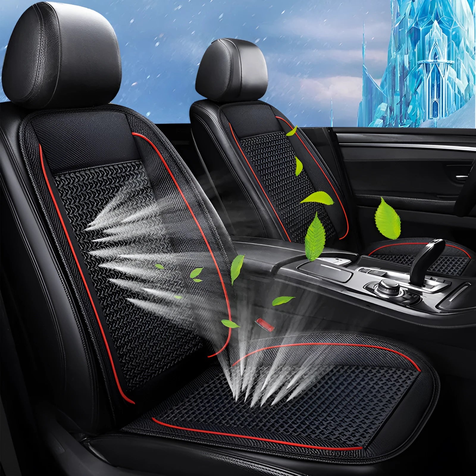 Square black car ventilation seat cushion with power cord on a car seat
