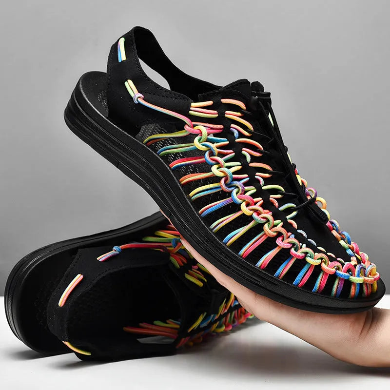 Roman-style woven sandals with drawstring tie closure in artificial PU with rubber soles