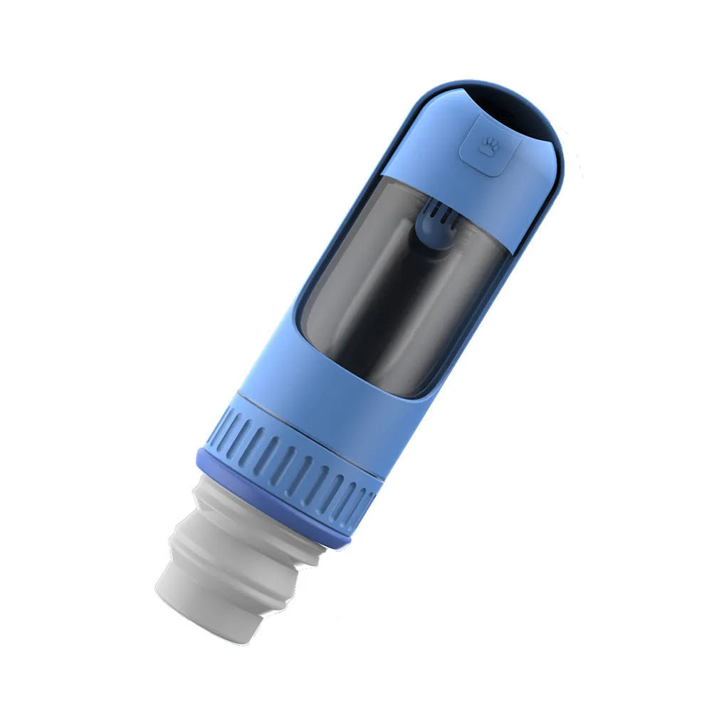 Dark blue portable dog water bottle with integrated drinking bowl and leak-proof cap