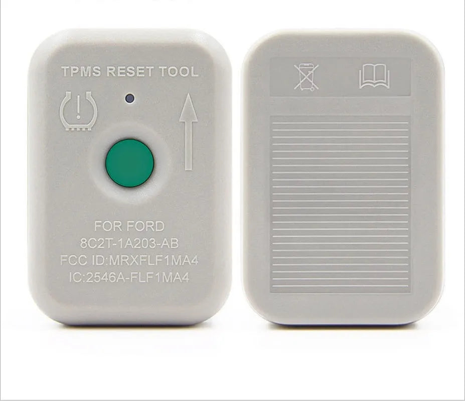 TPMS-19 TPMS activation tool for Ford, compact plastic tool approximately 5cm long, grey casing, single test button