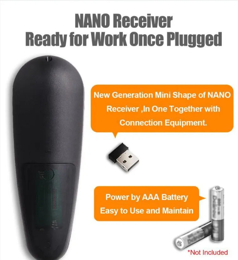 G30 wireless keyboard remote control with air mouse and Nano receiver on a table