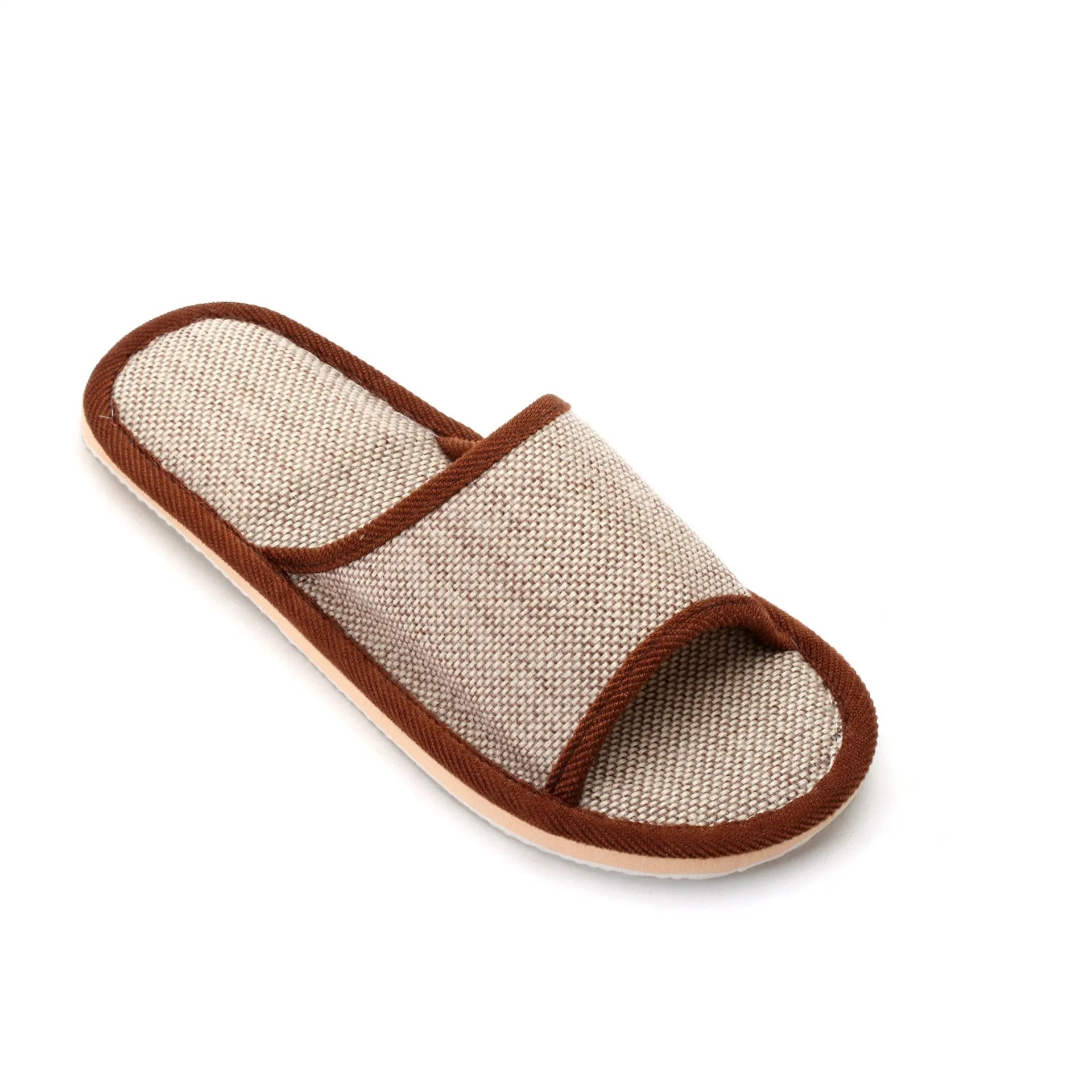 Women's cotton and linen open toe thickened slippers in dark coffee colour on a light background