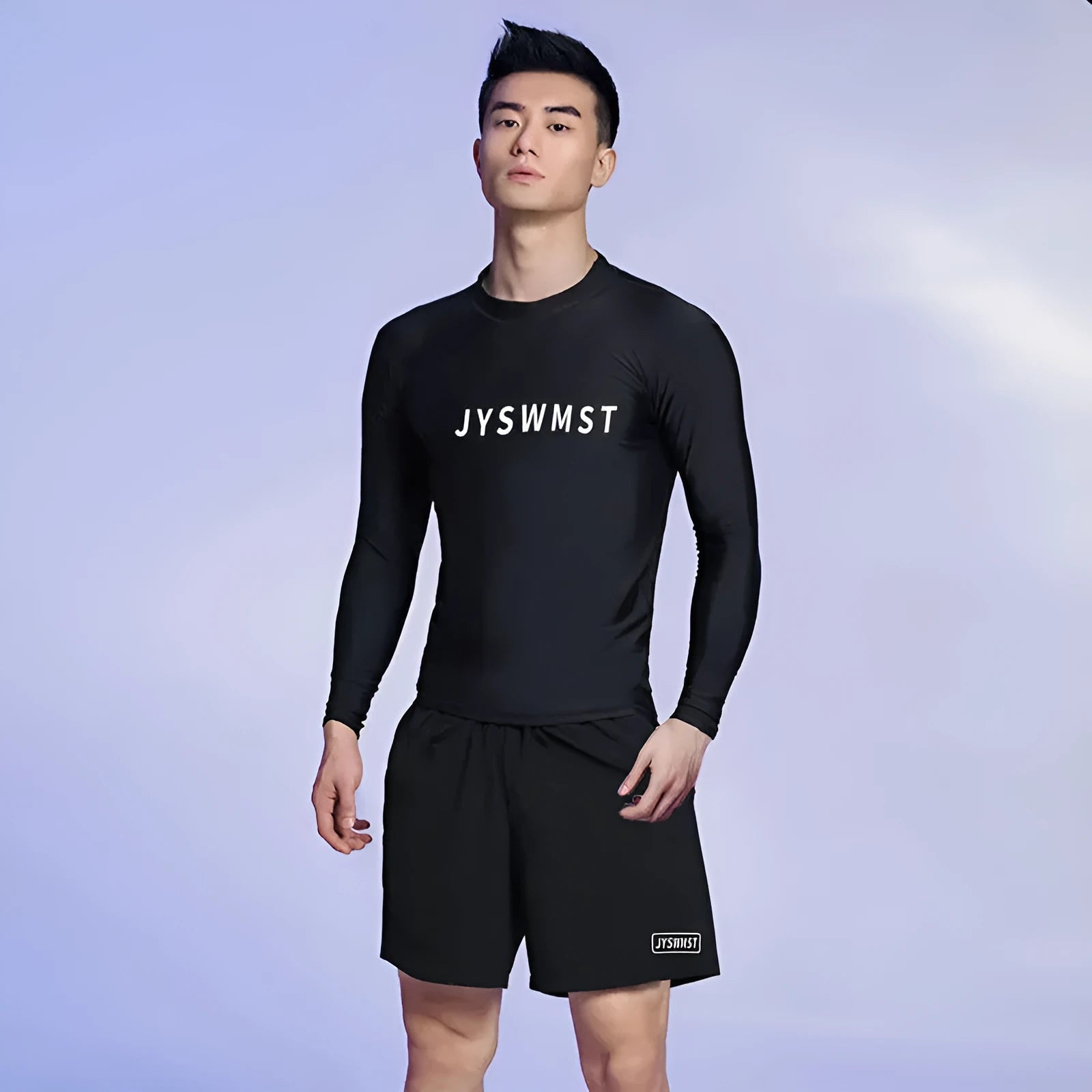 Men's patterned swimsuit set with matching swim trunks in plus sizes
