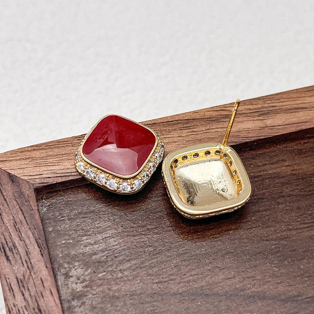 Retro red geometric square earrings with alloy construction and inlaid design