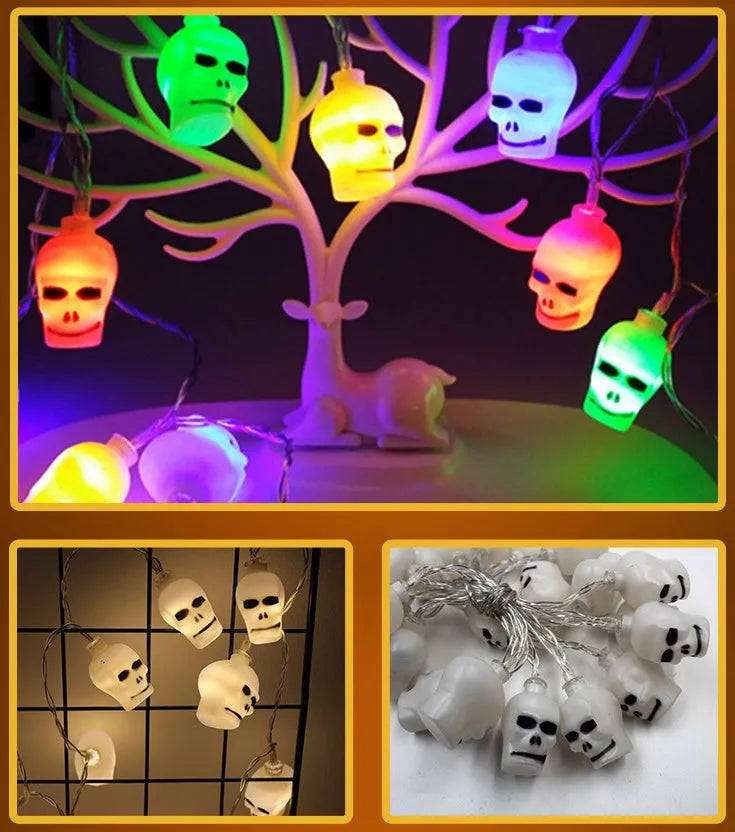 Halloween string lights with pumpkin, bat, and ghost LED lanterns hanging, showing white and coloured light options.