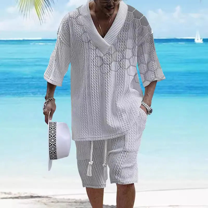 Men's printed drop-shoulder knitted shorts suit with short sleeve top and matching lounge shorts