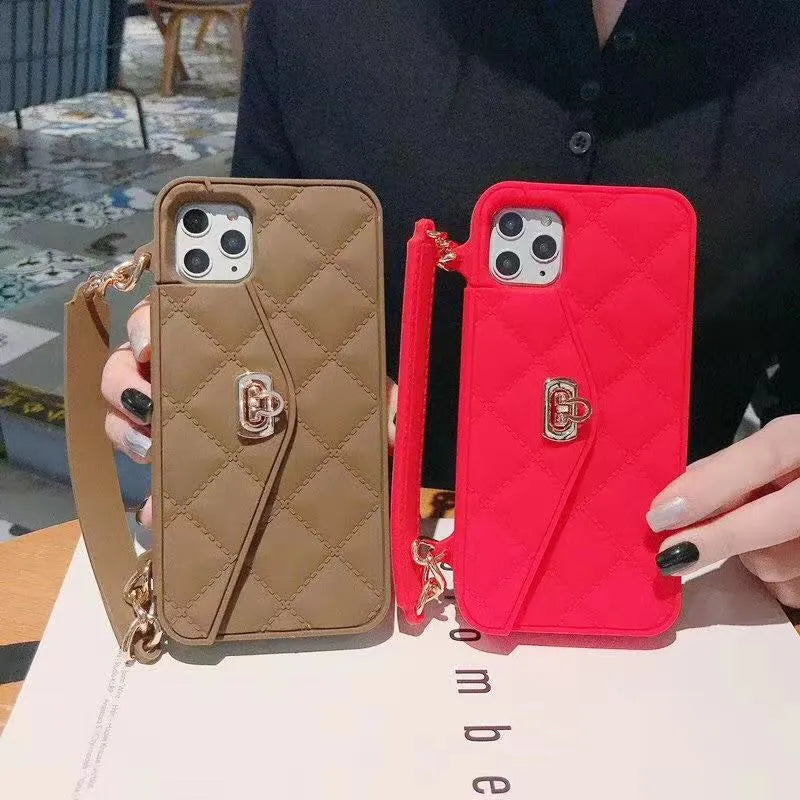 Luxury silicone iPhone case with attached pearl chain lanyard in multiple colour options