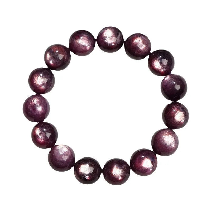 Purple lepidolite crystal bracelet with round polished beads showing multiple size options