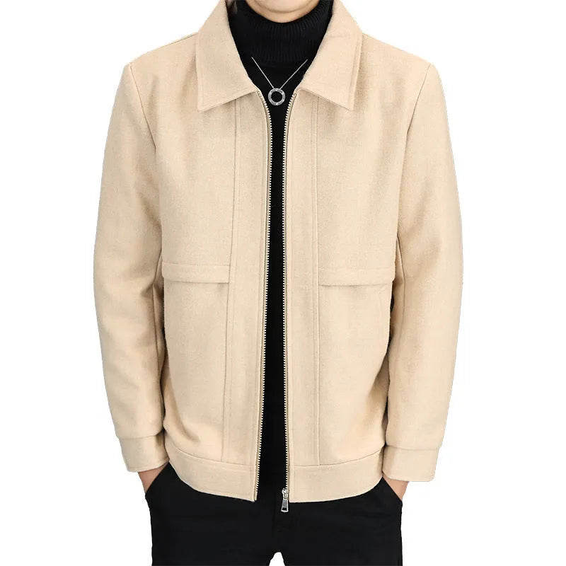 Khaki cotton blend casual jacket with a polo collar and side seam pockets on a mannequin.