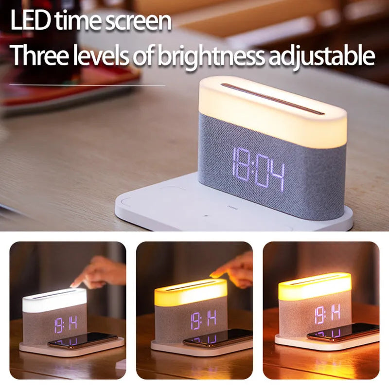 Modern glass wireless charging desktop clock with night light function in black minimalist design