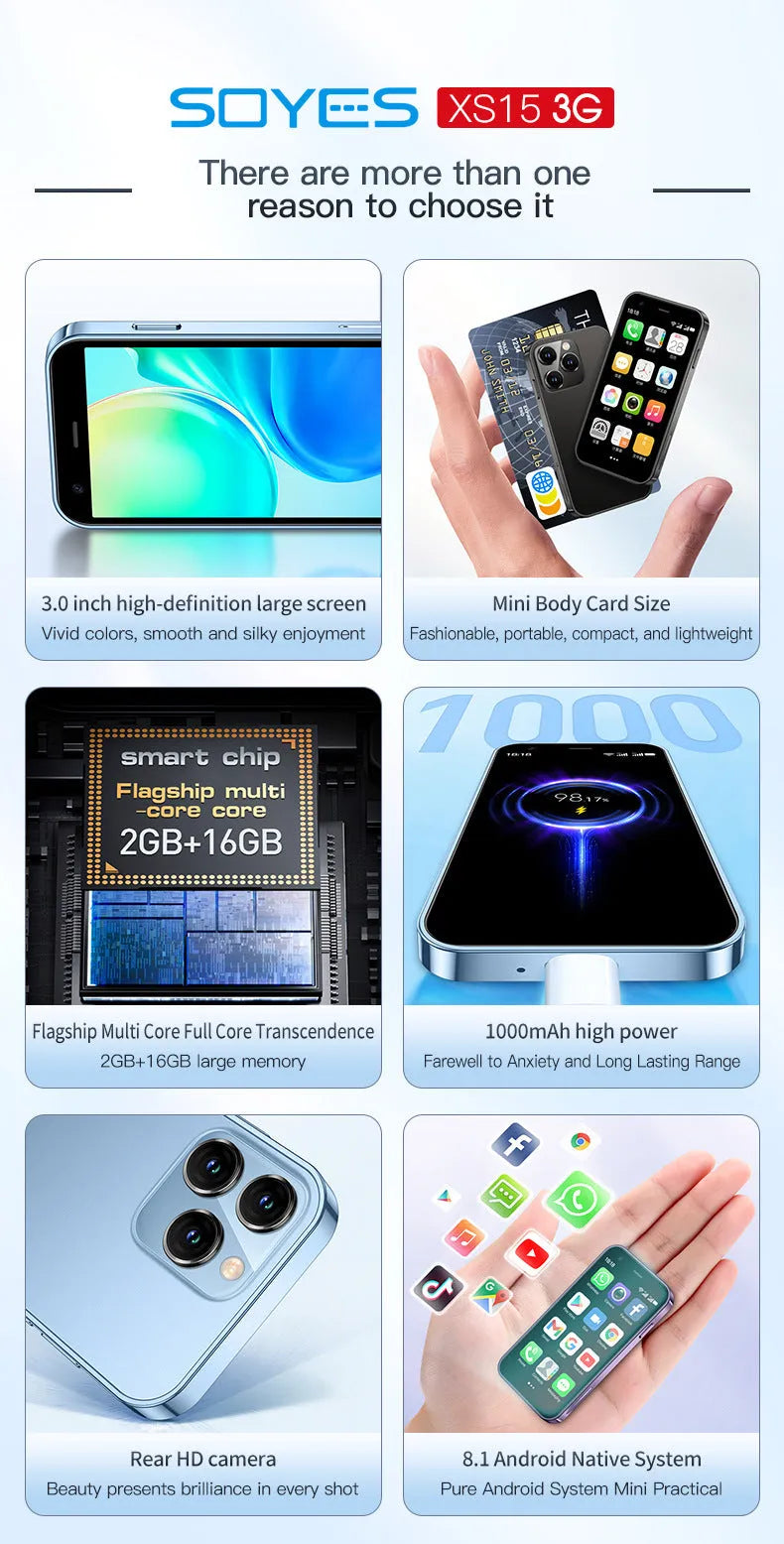 Mini smartphone with 30cm screen in black, green, or pink purple colour showing straight plate design