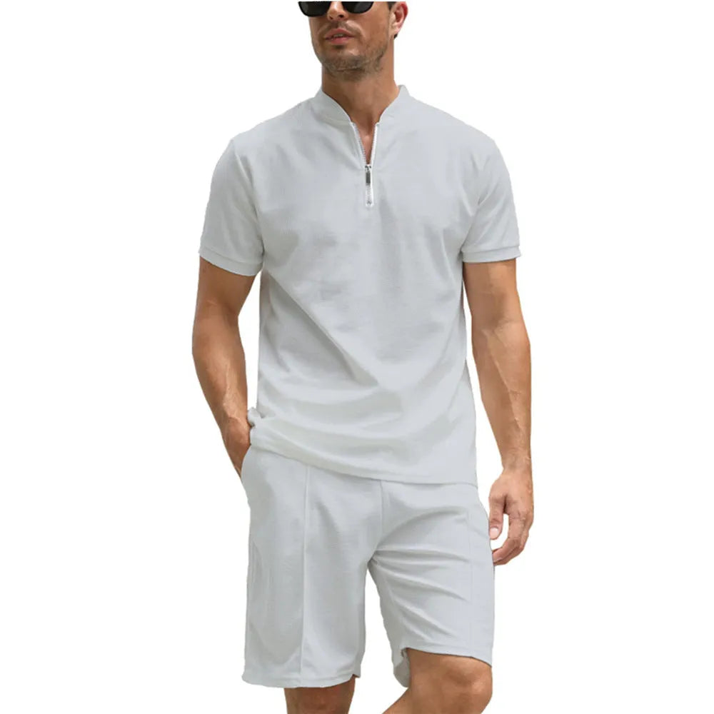 Men's solid colour polo shirt suit two-piece set with short sleeves in beaded bird's eye fabric