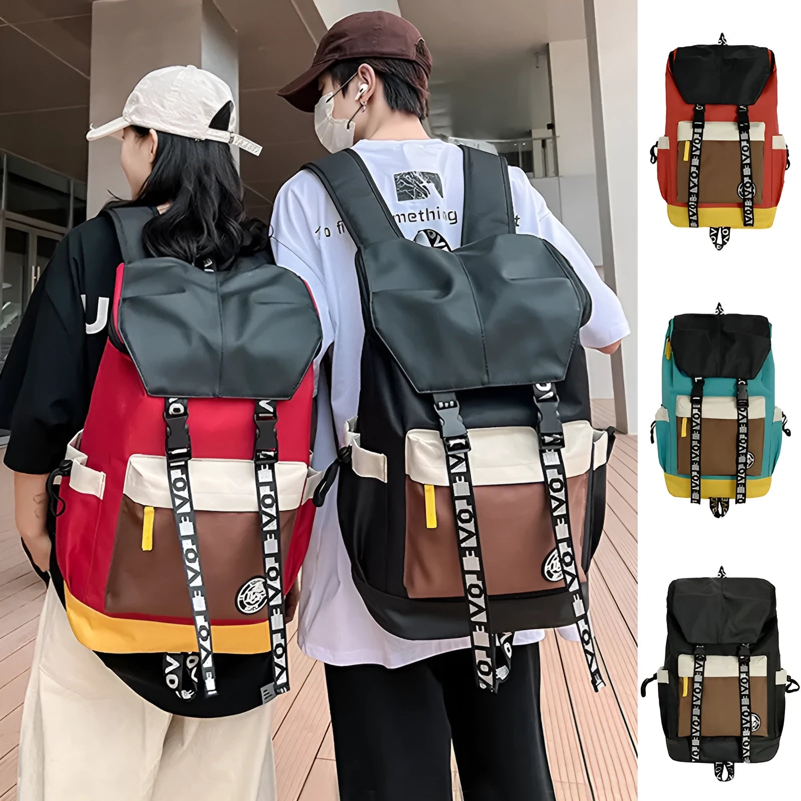 Oxford cloth student backpack showing three carrying methods in black, green and red colour options