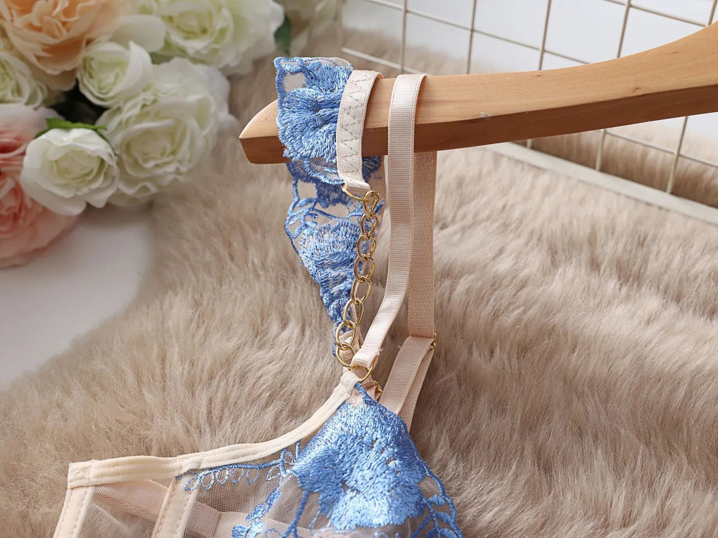 Light blue embroidered lace push up bra and pants set for women