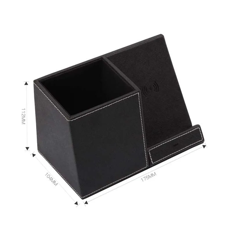 Leather desk organiser with pen holder and wireless phone charging surface