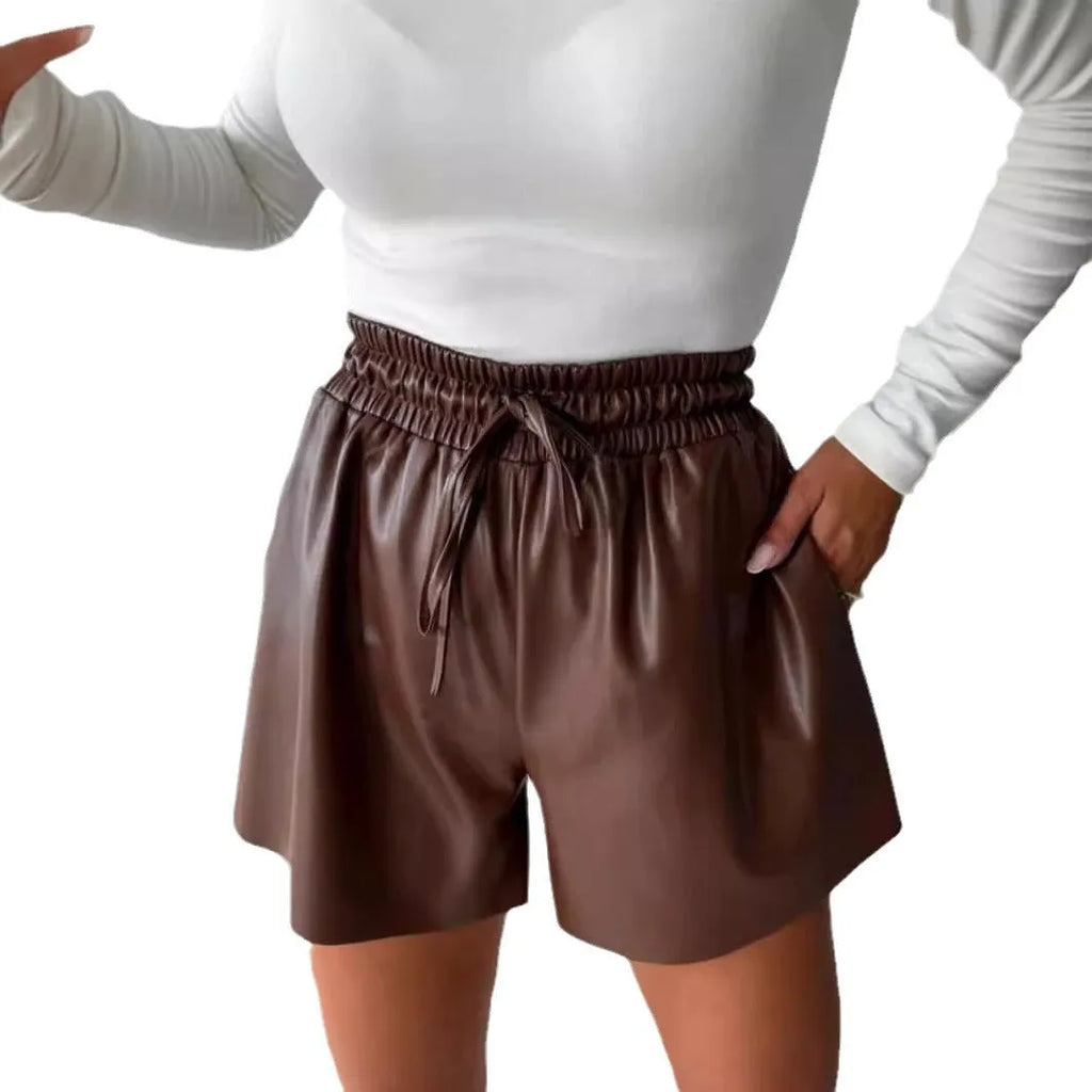 Women's black drawstring lace-up casual shorts with PU leather detailing and wide-leg straight design