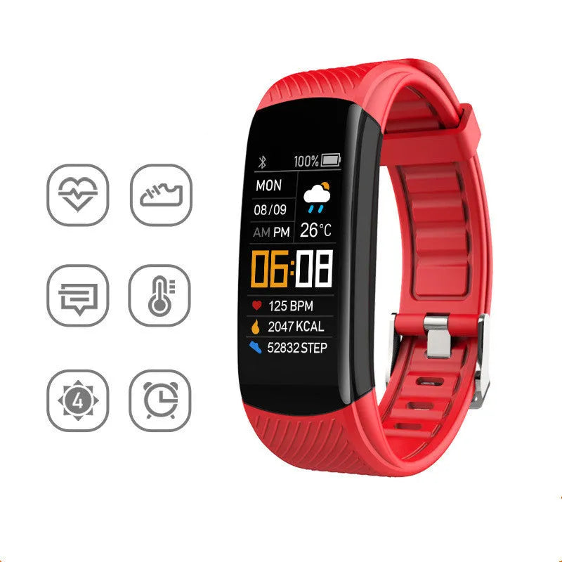C5S model smart pedometer bracelet fitness tracker with touchscreen in various colours.