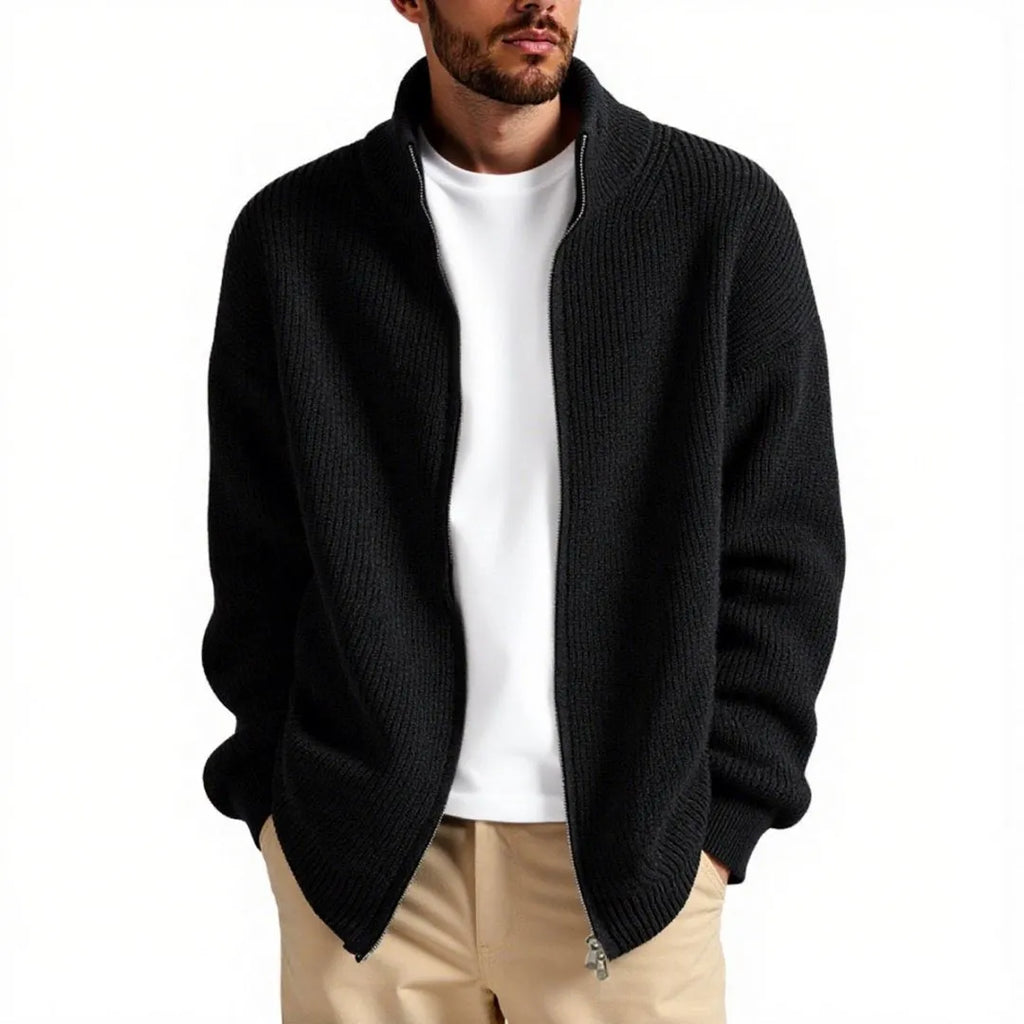 Men's loose fit cardigan sweater coat in grey green on a hanger