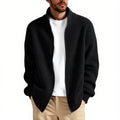 Men's loose fit cardigan sweater coat in grey green on a hanger