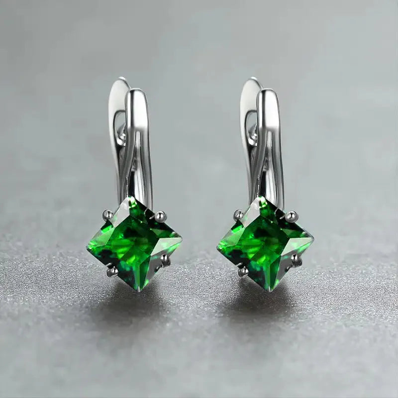 Women's copper earrings with inlaid zircon diamond design in blue, green and colour options