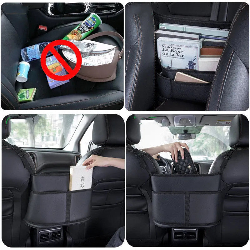 Black leather car seat storage bag with a net pocket, designed for the gap between seats.