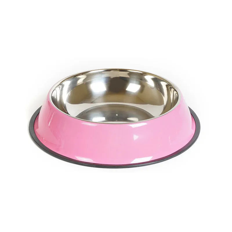 Stainless steel pet bowl inside a colourful melamine pot with a non-slip rubber ring base.